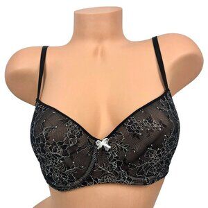 Victoria's Secret Balconette Bra Size 32D Black Embroidered Floral Lace Unpadded